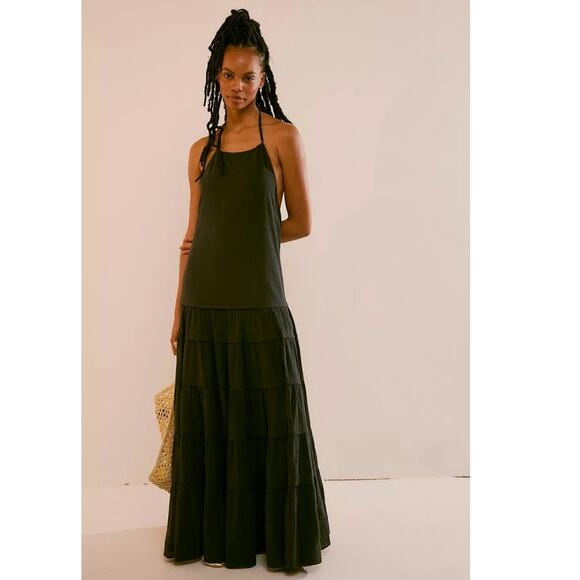 New FREE PEOPLE Somewhere Sunny Drop-Waist Boho Maxi Dress $118 X-SMALL Black - Picture 1 of 6